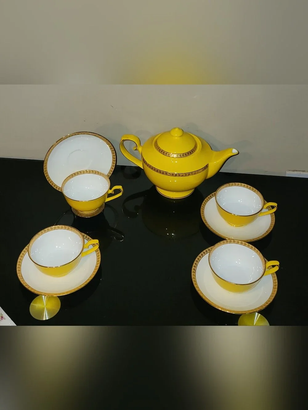 VINTAGE TEAVANA NOBLE POPPY Yellow Porcelain 10 PiecesTea Set with 14K Gold Trim